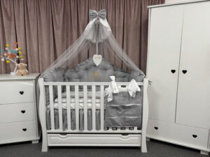 PEPPIbambini ROYAL Grey Terciopelo 11 Piezas Juego de Ropa de Cama para Cuna, 100% Algodón con bordado + Mosquitera