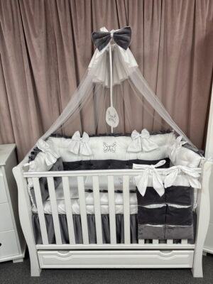 PEPPIbambini ROYAL White Grey Terciopelo 11 Piezas Juego de Ropa de Cama para Cuna, 100% Algodón con bordado + Mosquitera - Imagen 3