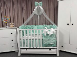 PEPPIbambini ROYAL Mint Terciopelo 11 Piezas Juego de Ropa de Cama para Cuna, 100% Algodón con bordado + Mosquitera