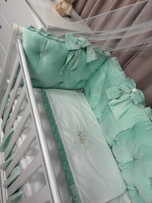 PEPPIbambini ROYAL Mint Terciopelo 11 Piezas Juego de Ropa de Cama para Cuna, 100% Algodón con bordado + Mosquitera - Imagen 5