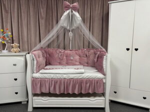 PEPPIbambini ROYAL Pink Terciopelo 11 Piezas Juego de Ropa de Cama para Cuna, 100% Algodón con bordado + Mosquitera