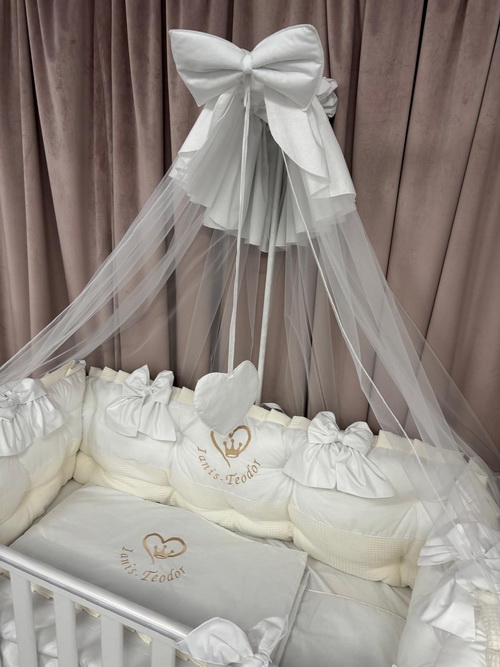 PEPPIbambini ROYAL White Terciopelo 11 Piezas Juego de Ropa de Cama para Cuna, 100% Algodón con bordado + Mosquitera - Imagen 6