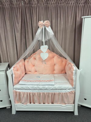 PEPPIbambini ROYAL Somon Terciopelo 11 Piezas Juego de Ropa de Cama para Cuna, 100% Algodón con bordado + Mosquitera - Imagen 5
