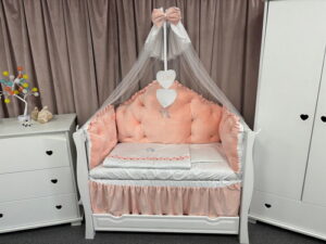 PEPPIbambini ROYAL Somon Terciopelo 11 Piezas Juego de Ropa de Cama para Cuna, 100% Algodón con bordado + Mosquitera