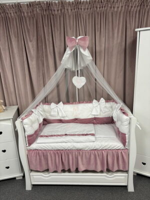 PEPPIbambini ROYAL White Pink Terciopelo 11 Piezas Juego de Ropa de Cama para Cuna, 100% Algodón con bordado + Mosquitera - Imagen 2