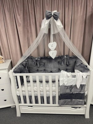 PEPPIbambini ROYAL White Grey Terciopelo 11 Piezas Juego de Ropa de Cama para Cuna, 100% Algodón con bordado + Mosquitera - Imagen 5